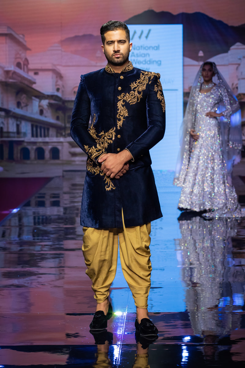 BLUE VELVET WITH GOLD EMBROIDERY SHERWANI