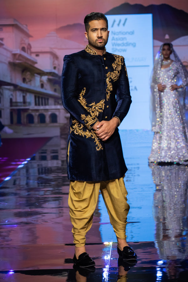 BLUE VELVET WITH GOLD EMBROIDERY SHERWANI