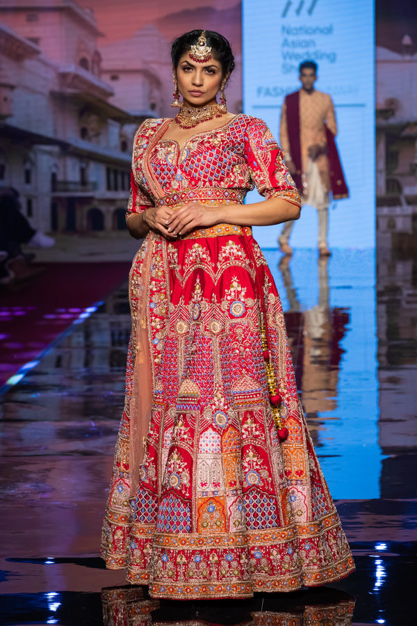 RED MULTI EMBROIDERY BRIDAL LEHENGA