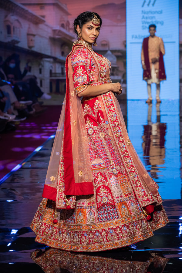 RED MULTI EMBROIDERY BRIDAL LEHENGA