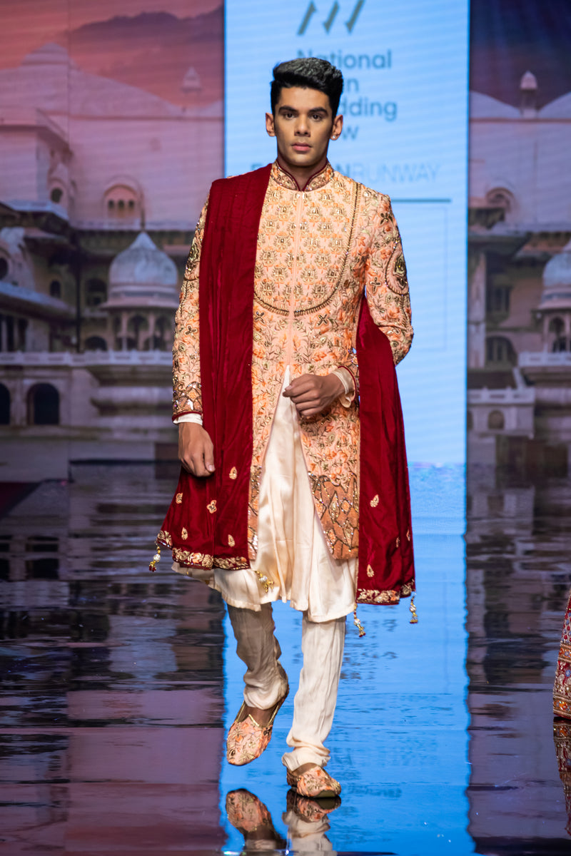 PEACH WITH RED VELVET PALA SHERWANI