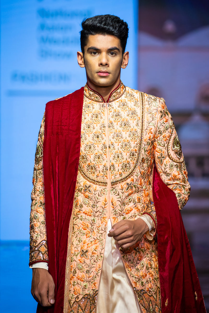PEACH WITH RED VELVET PALA SHERWANI
