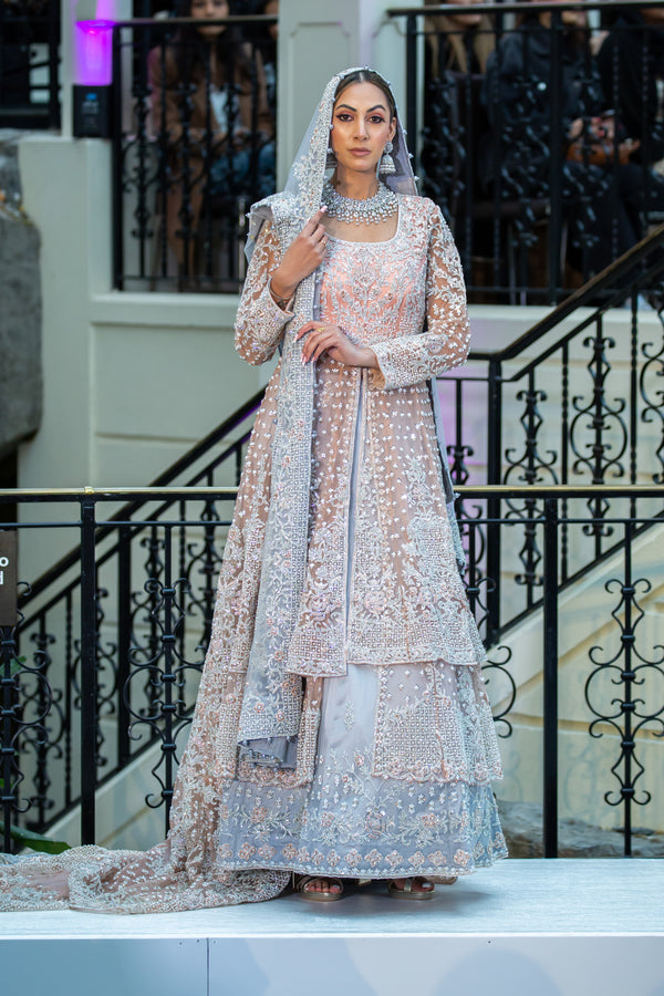 PEACH WITH GREY HUES TRAIL BRIDAL LEHENGA