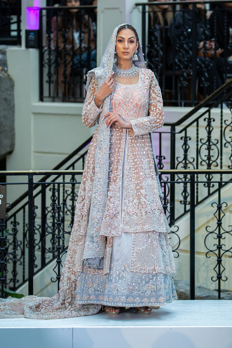 PEACH WITH GREY HUES TRAIL BRIDAL LEHENGA