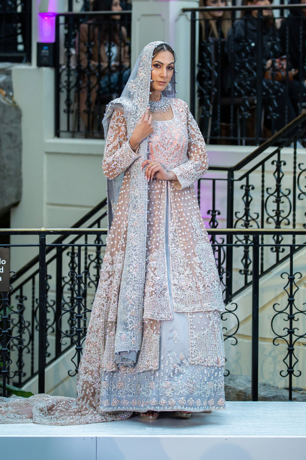 PEACH WITH GREY HUES TRAIL BRIDAL LEHENGA
