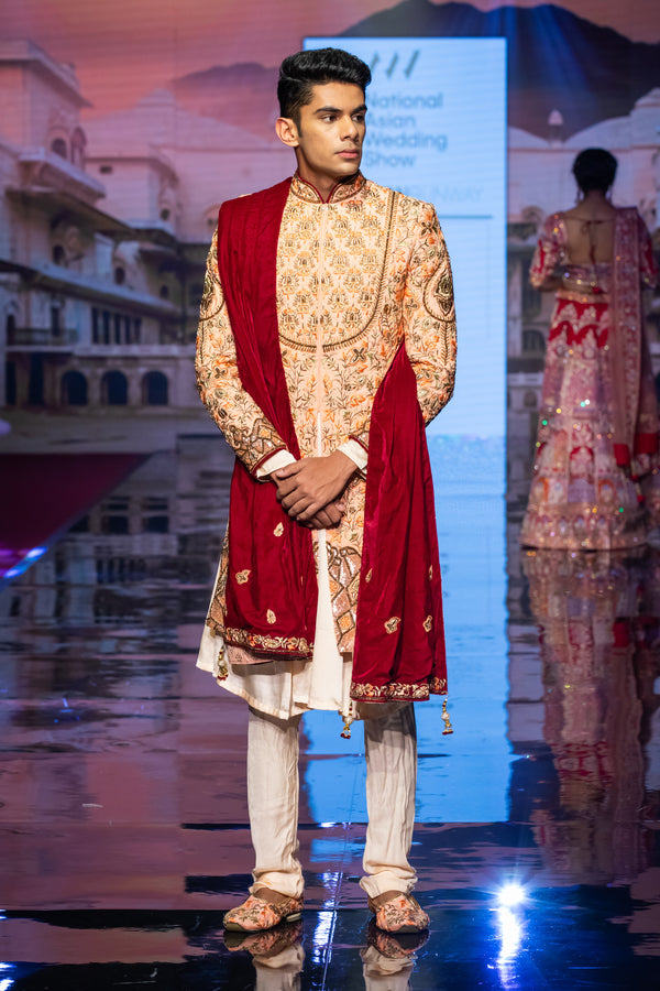 PEACH WITH RED VELVET PALA SHERWANI