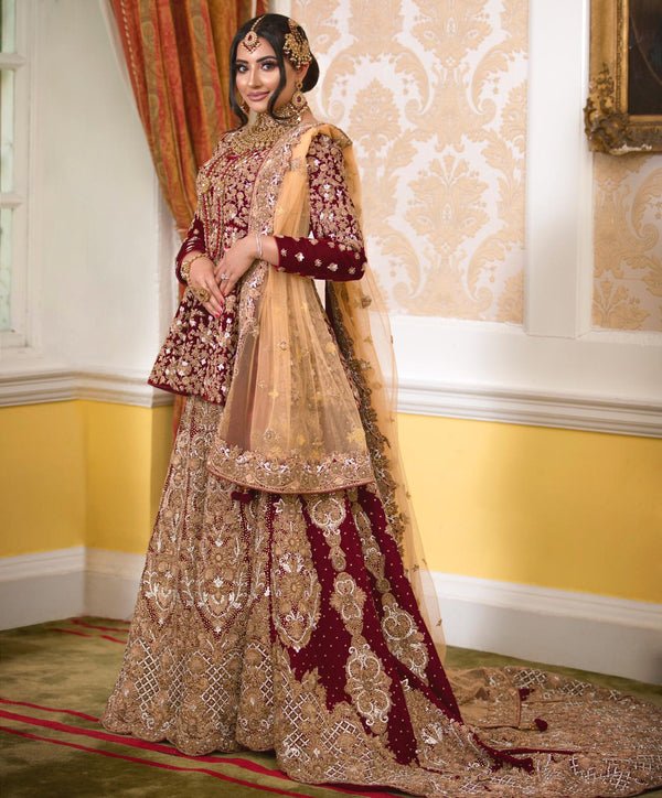 VELVET BRIDAL LEHENGA WITH TRAIL